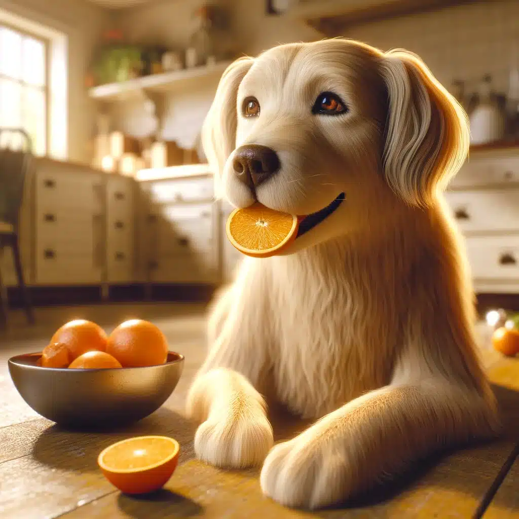 Dog eating orange