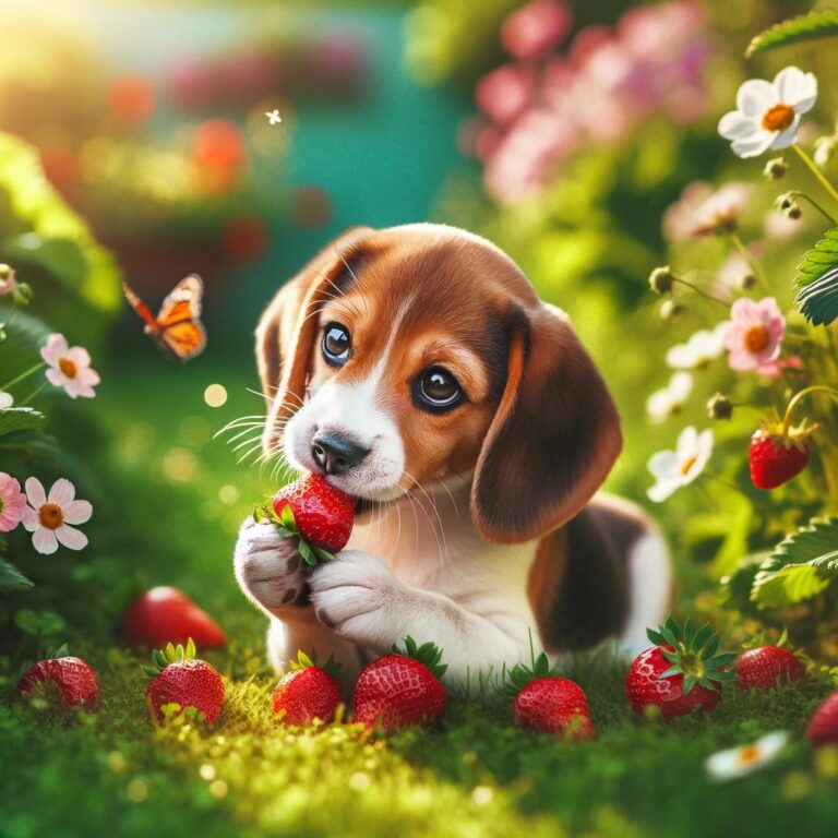 Dog eating strawberries. Can dogs eat strawberries